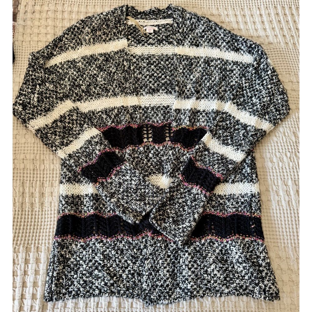 Xhilaration Black White Open Knit Sweater Medium Crochet Rainbow Trim 2015